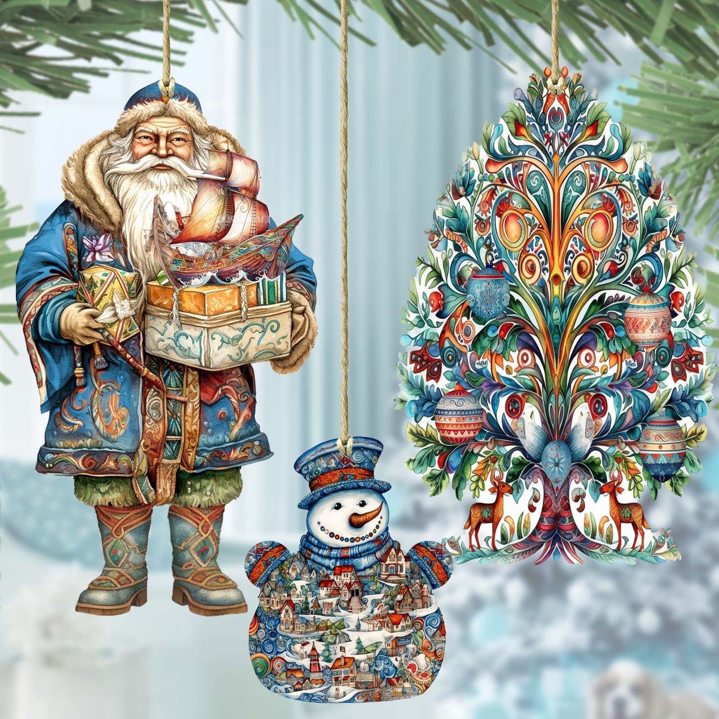 Santas Around the World - Nordic Inspired Santa - Wooden Ornaments Set of 3 by G. DeBrekht Christmas Santa Snowman Decor - 8091312S3
