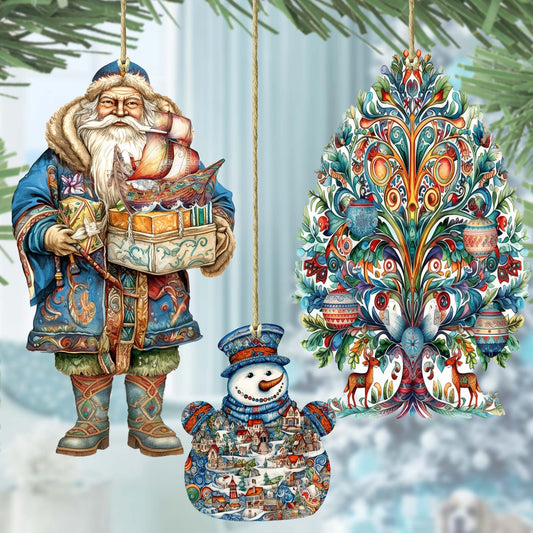 Santas Around the World - Nordic Inspired Santa - Wooden Ornaments Set of 3 by G. DeBrekht Christmas Santa Snowman Decor - 8091312S3