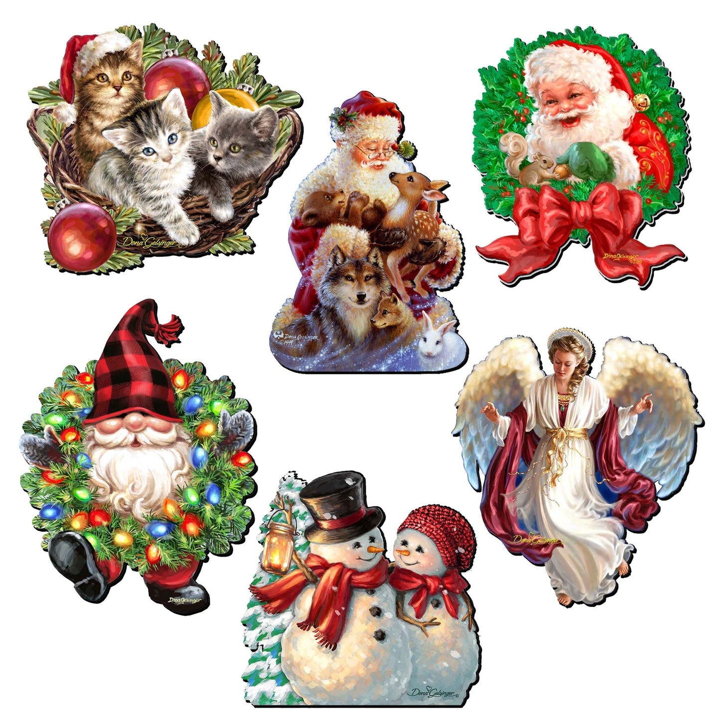 Santa and Friends Decorative Wooden Clip-on Ornaments Set of 6 by D. Gelsinger - Christmas Decor - 8090134C-S6