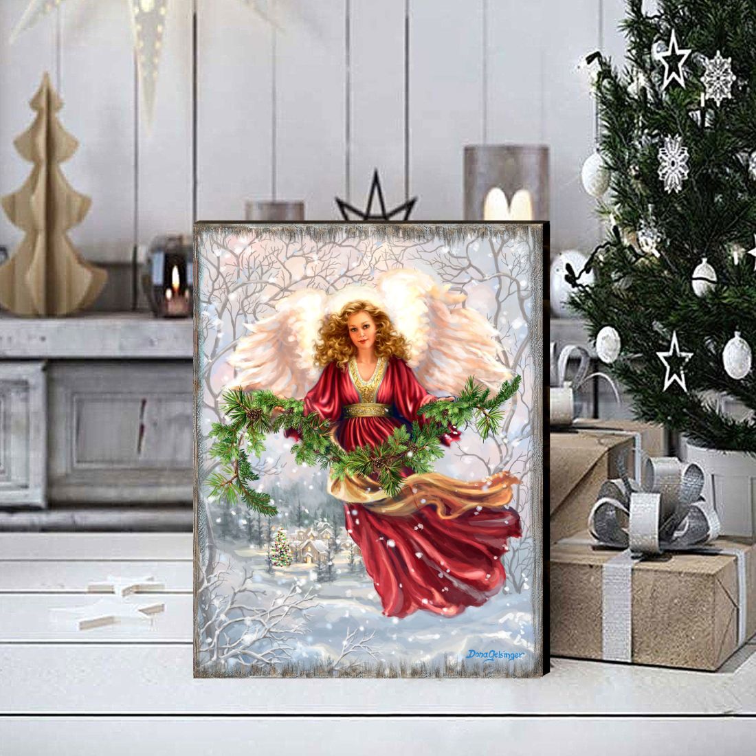 Snowfall Angel Art Wooden Wall Art by D. Gelsinger - Nativity Holiday Decor - 95681B-DG