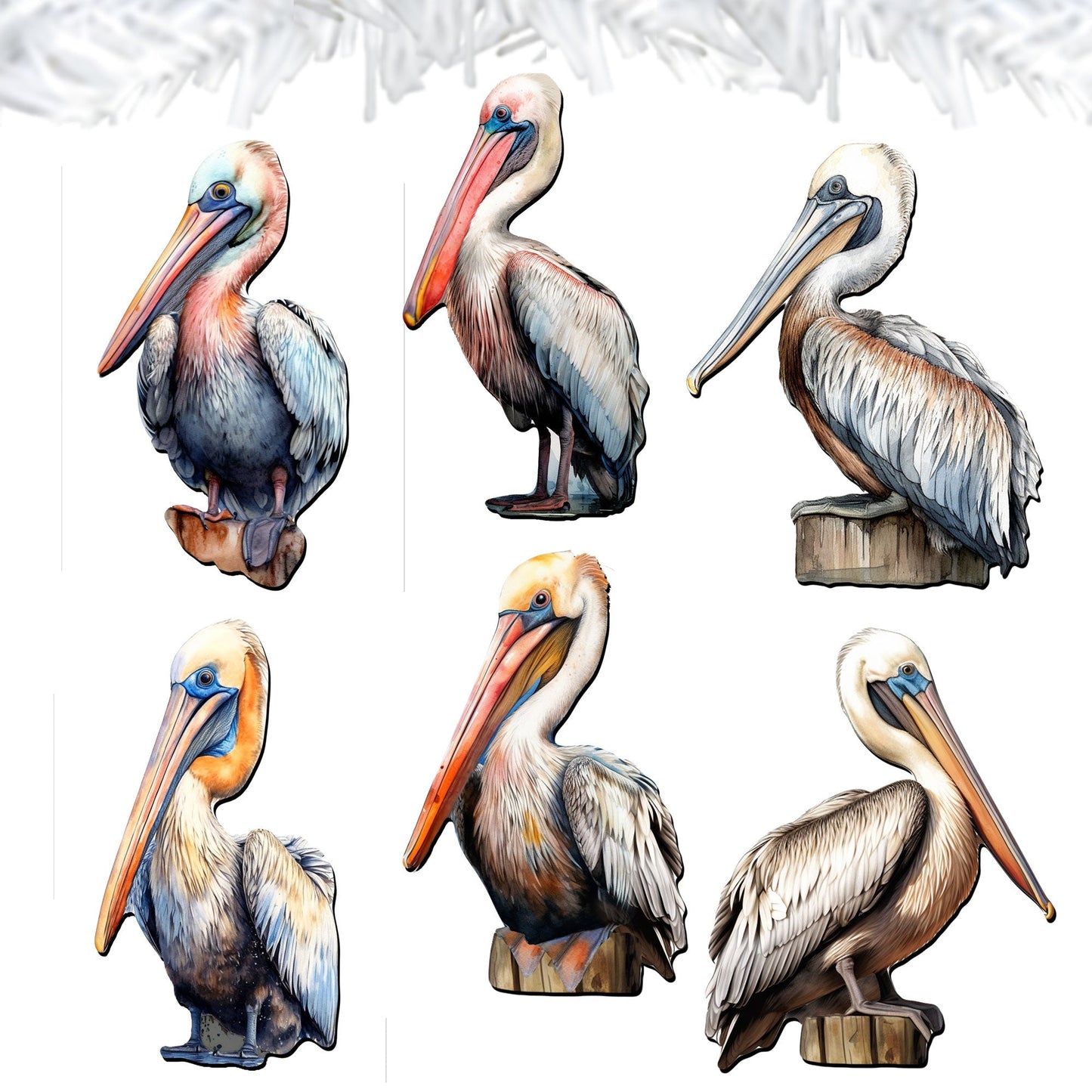 Pelicans Decorative Wooden Clip-on Ornaments of 6 by G. Debrekht - Christmas Decor - 8090014C-S6