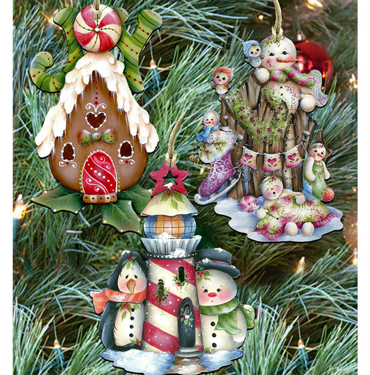 Holiday Wooden Ornaments Set of 3 Gift Set by Jamie Mill-Price - Christmas Santa Snowman Decor - 8100044S3