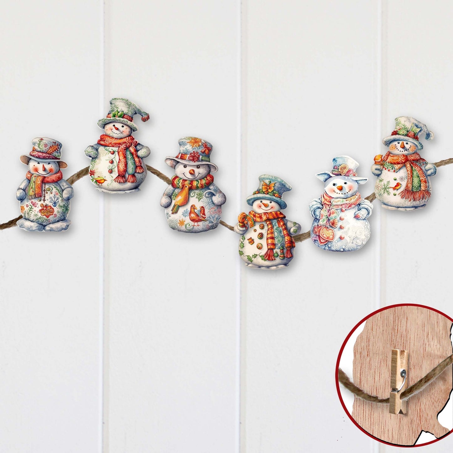 Snowman Decorative Wooden Clip-on Ornaments Set of 6 by G. Debrekht - Christmas Decor - 8090023C-S6