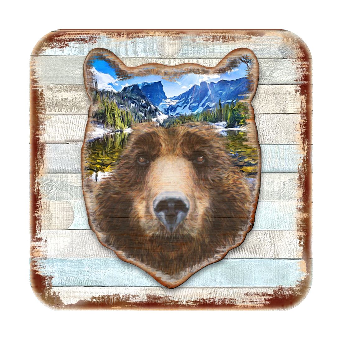 Bear Face Wooden Cork Coasters Gift Set of 4 by Nature Wonders - Nature Wildlife Decor  - 8198214-4C-S4