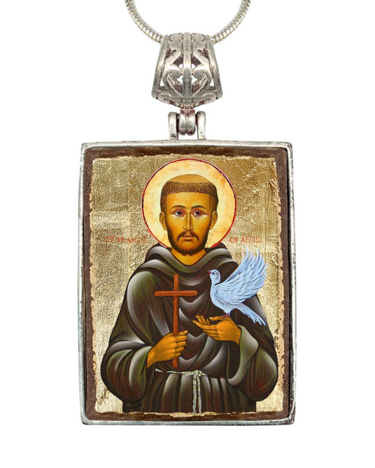Saint Francis Religious Jewelry Silver Plated Necklace, Gold-Plated Wooden Cabochon - Christian Sacred Icon - Inspirational Icon Decor - 43024R