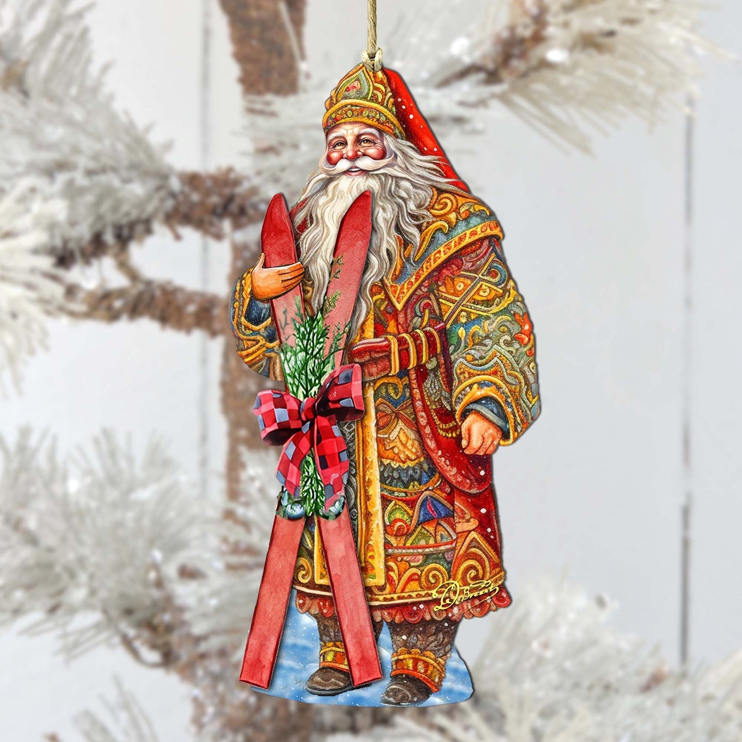 Santa's Skiing Adventure Wooden Ornaments by G. Debrekht - Christmas Santa Snowman Decor - 8691403