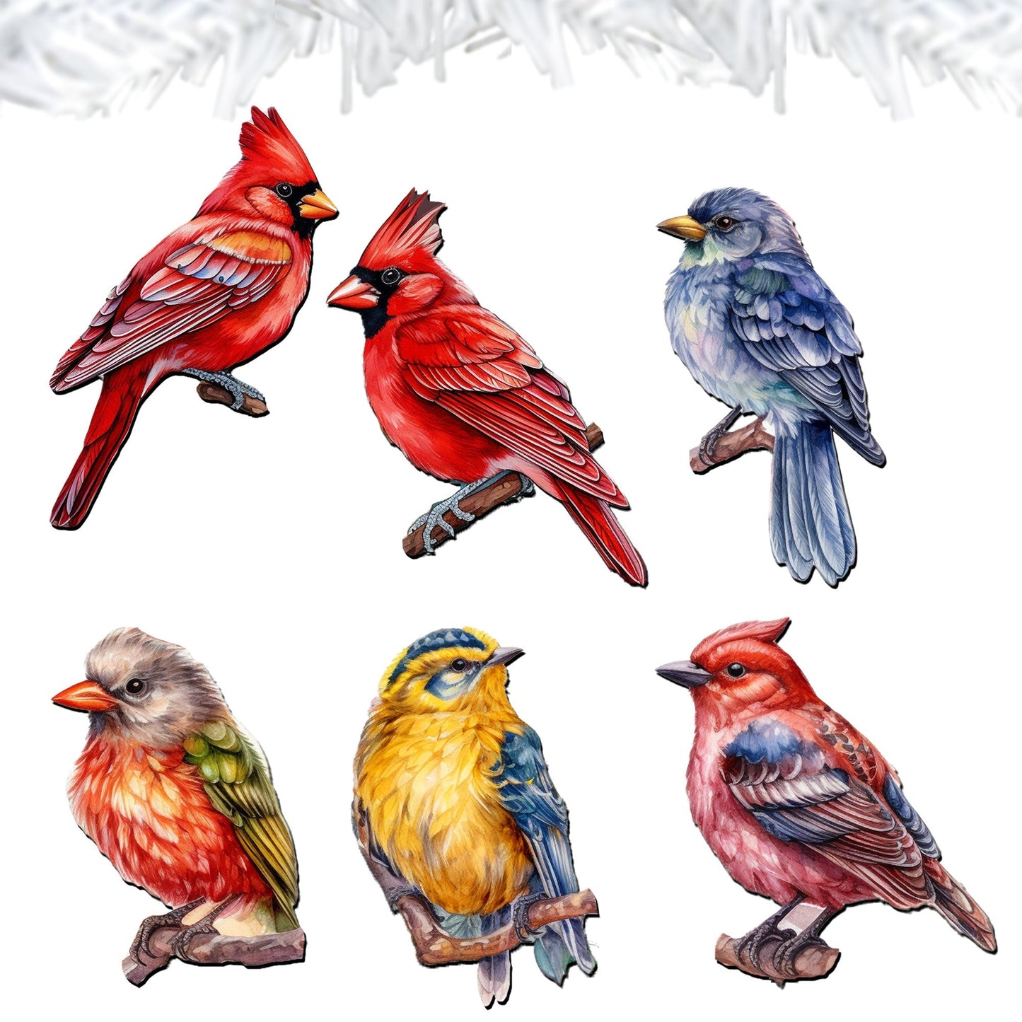 Winter Birds Decorative Wooden Clip-on Ornaments of 6 by G. Debrekht - Christmas Decor - 8090005C-S6