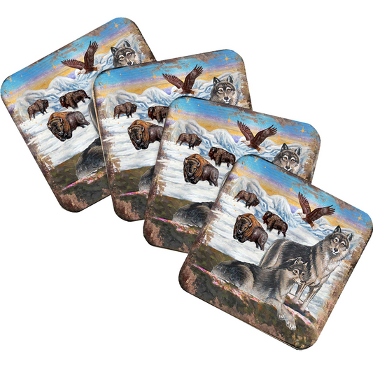 Winter Wolves Wooden Cork Coasters Gift Set of 4 by Nature Wonders - Nature Wildlife Decor  - 95222C-S4