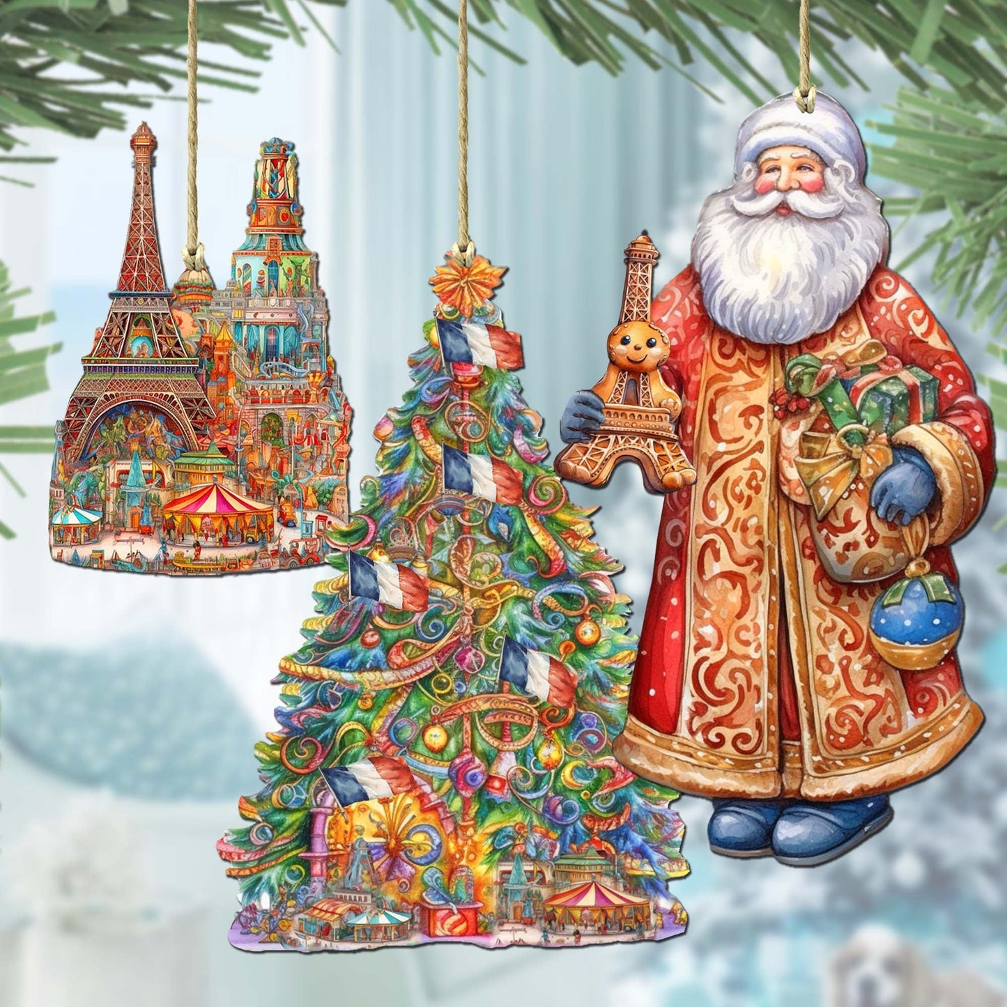 Santas Around the World - French Inspired Santa - Wooden Ornaments Set of 3 by G. DeBrekht Christmas Santa Snowman Decor - 8091303S3