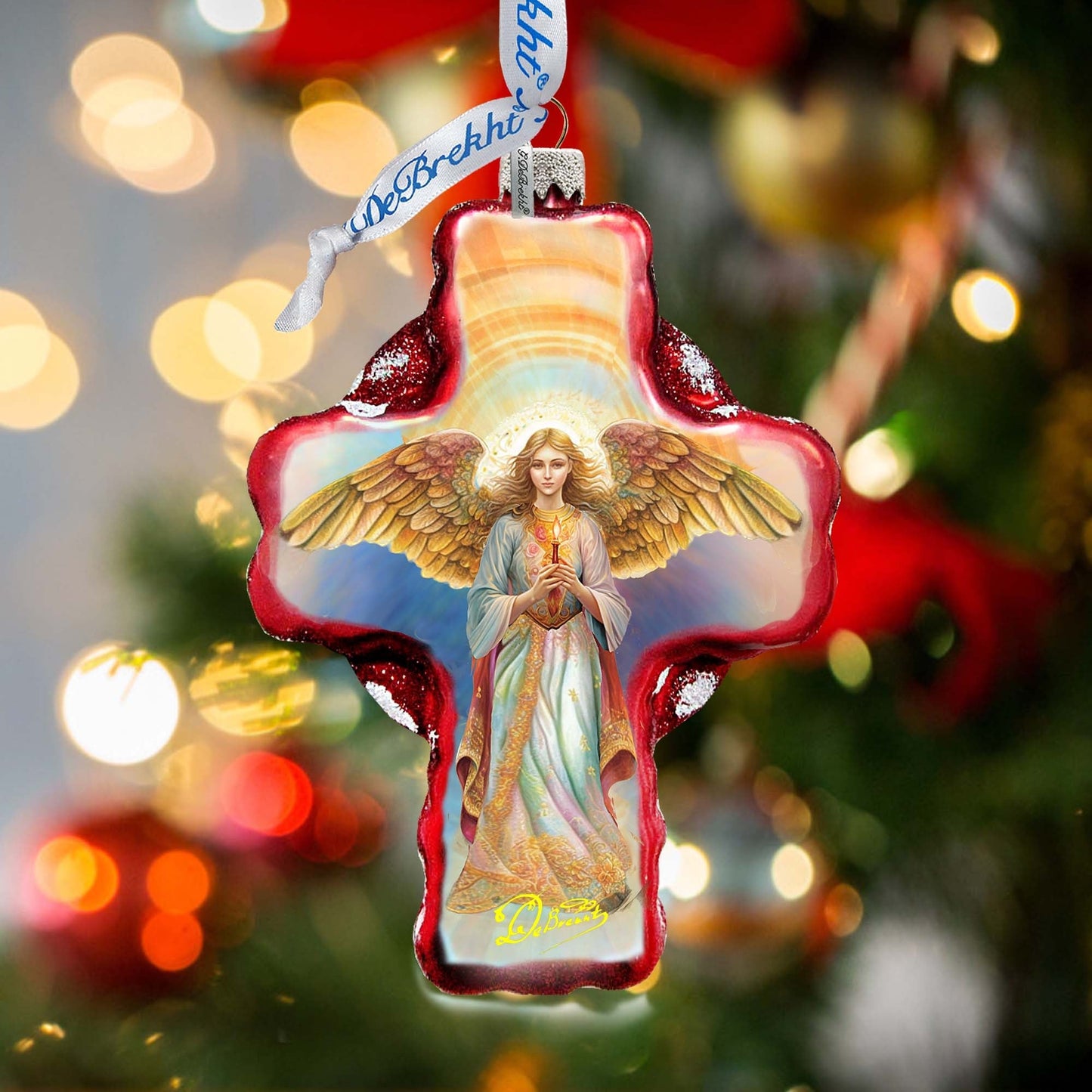 Angel Descending from Heaven Cross Glass Ornament by G. Debrekht - Nativity Holiday Decor - 758-025