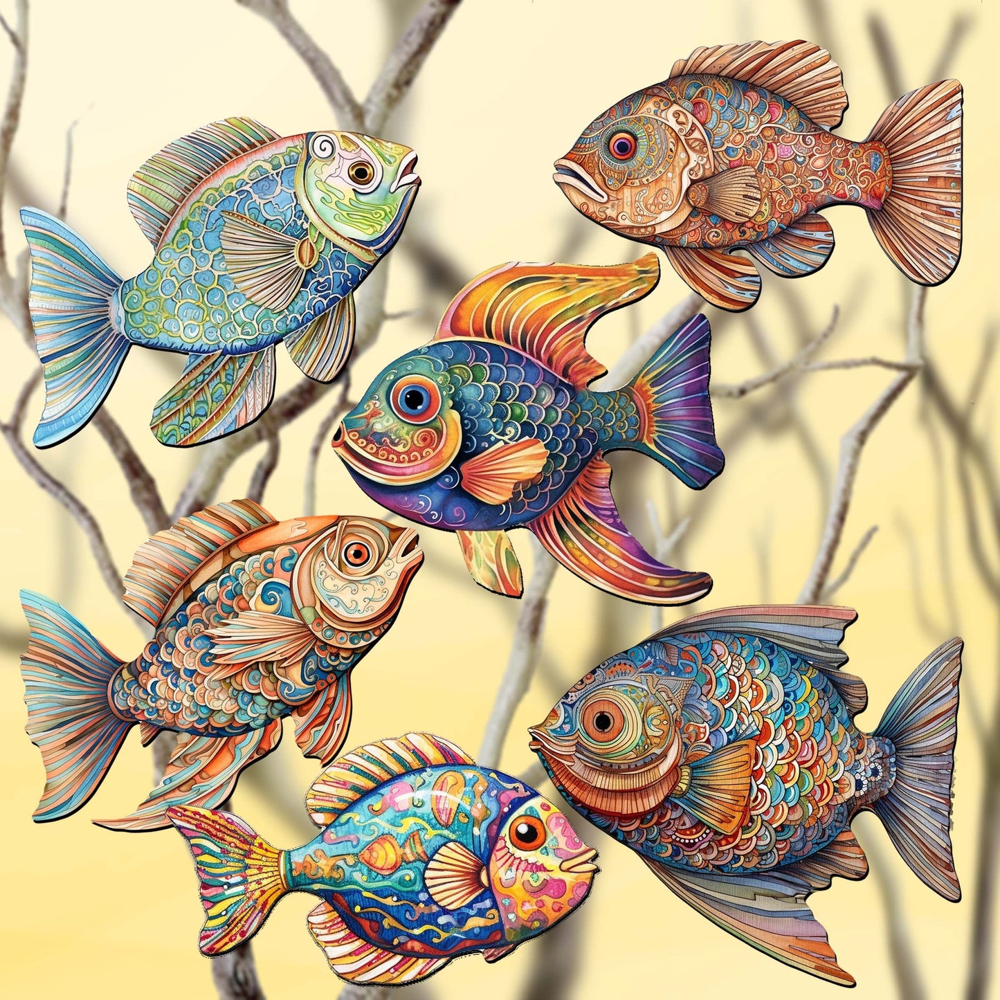 Coastal Fish Decorative Wooden Clip-on Ornaments Set of 6 by G. Debrekht - Coastal Decor - 8090034C-S6