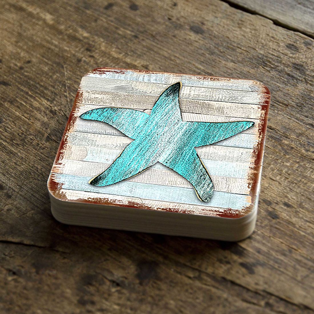 Starfish  Wooden Cork Coasters Gift Set of 4 by Nature Wonders -  Coastal Sea-Life Decor - 8198531-9C-S4