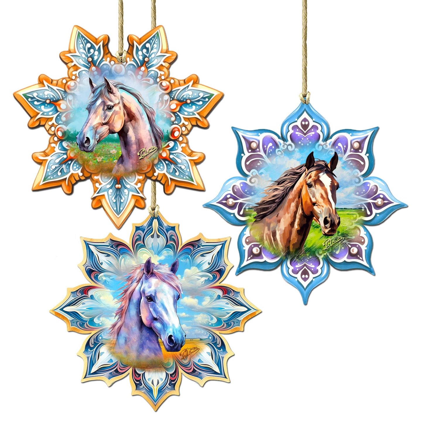 Horses Snowflake Wooden Ornaments Set of 3 by G. Debrekht - Nature Wildlife Decor - 8090151-S3