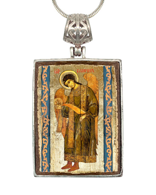Saint Gabriel Archangel Religious Jewelry Silver Plated Necklace, Gold-Plated Wooden Cabochon - Christian Icon - Inspirational Icon Decor - 43041R