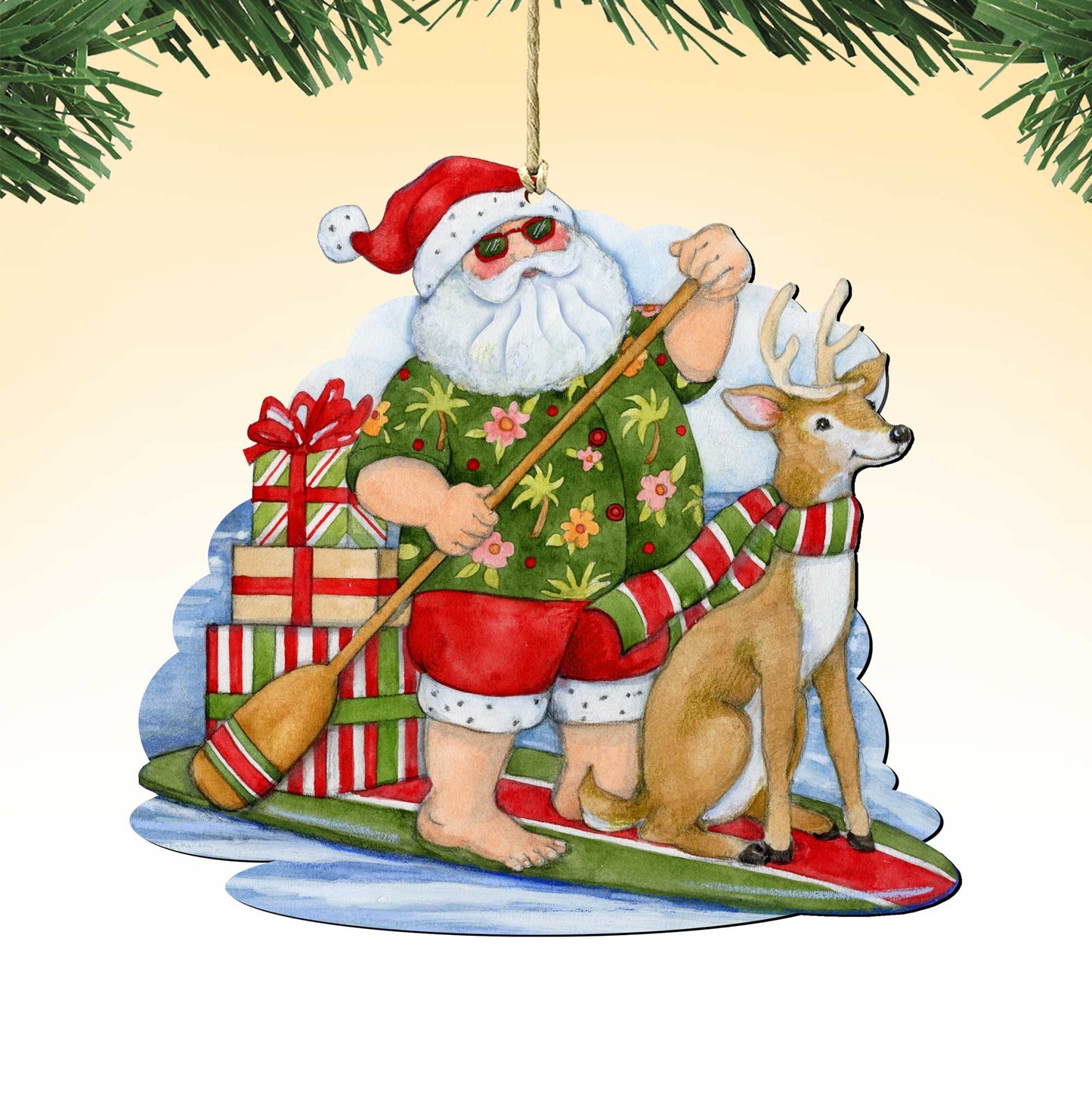 Christmas Decoration Paddleboarding Santa - Handmade Wooden Tree Ornament by Susan Winget - 8471114-SW