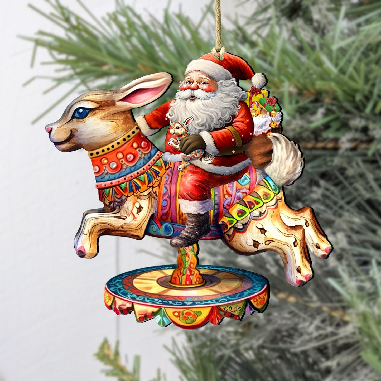 Santa Claus on Bunny Carousel Wooden Ornaments by G. Debrekht Christmas Santa Snowman Decor - 8611067