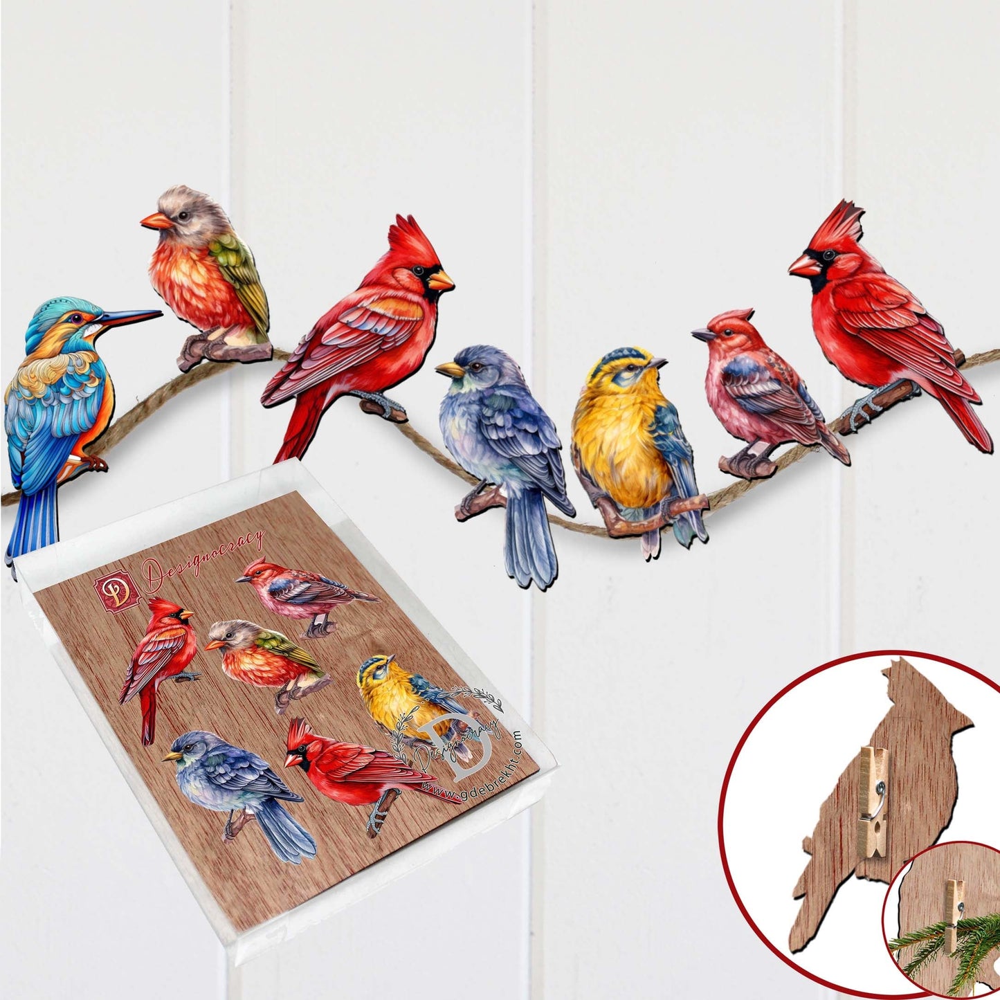 Winter Birds Decorative Wooden Clip-on Ornaments of 6 by G. Debrekht - Christmas Decor - 8090005C-S6