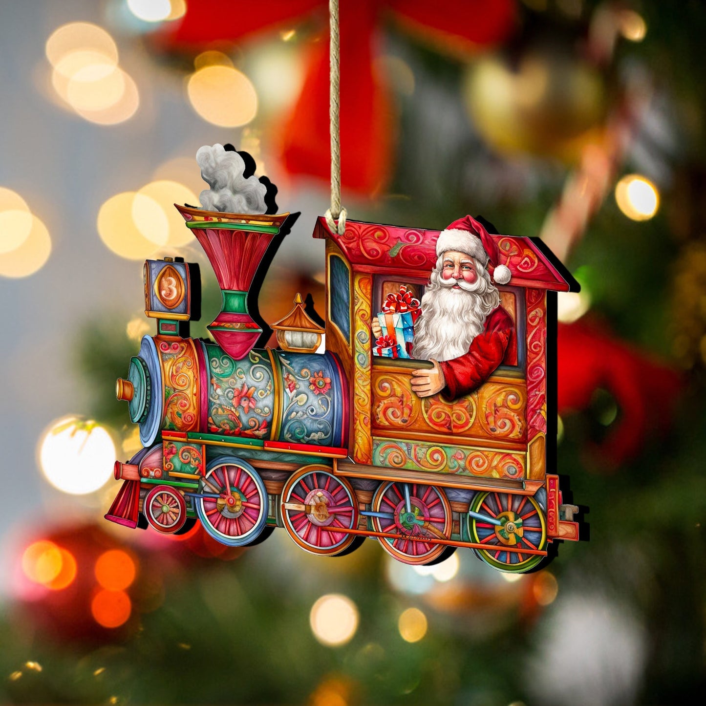 Santa's Train Wooden Ornaments by G. Debrekht Christmas Santa Snowman Decor - 8611090