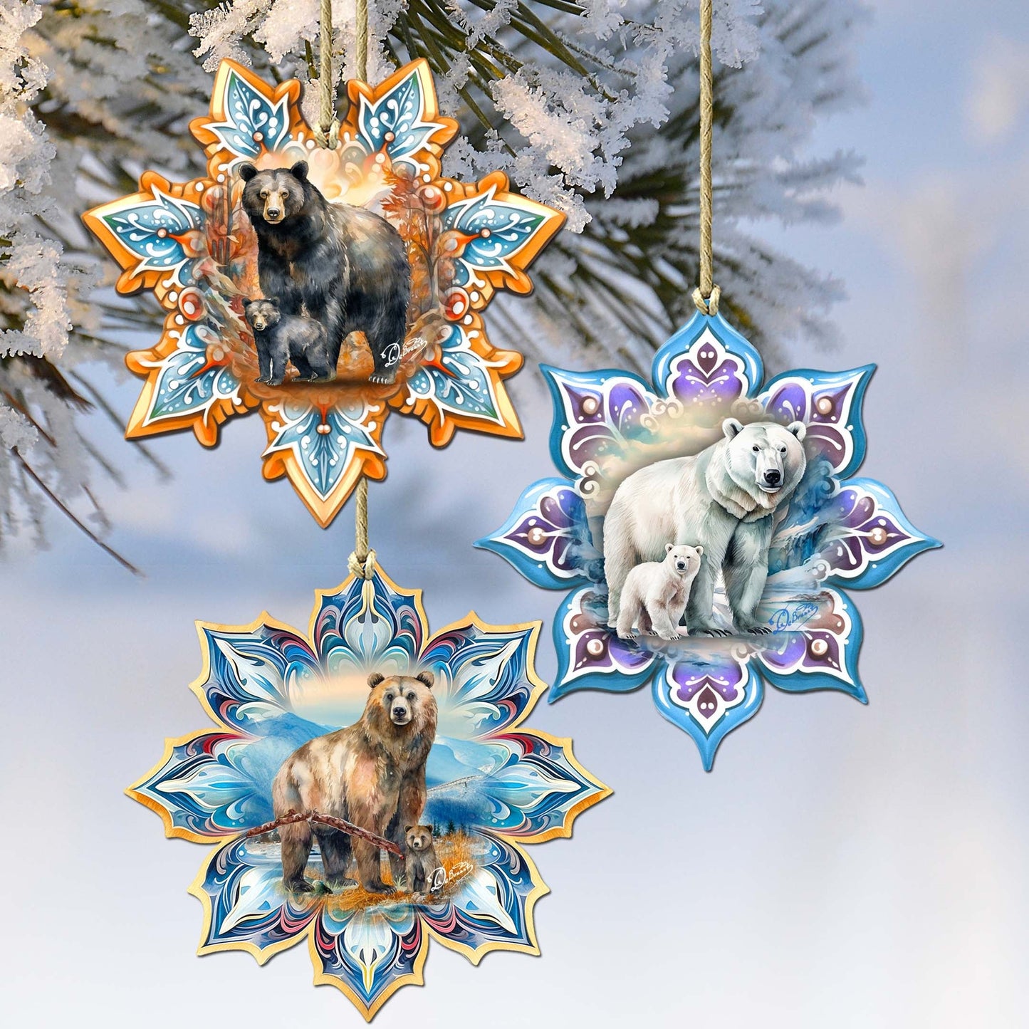 Bears Snowflake Wooden Ornaments Set of 3 by G. Debrekht - Nature Wildlife Decor - 8090143-S3