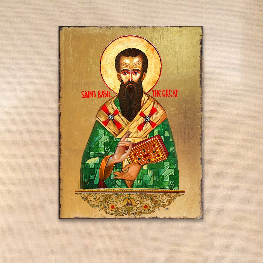 Saint Basil Wooden Gold Plated Religious Christian Sacred Icon - Inspirational Icon Decor - 85053