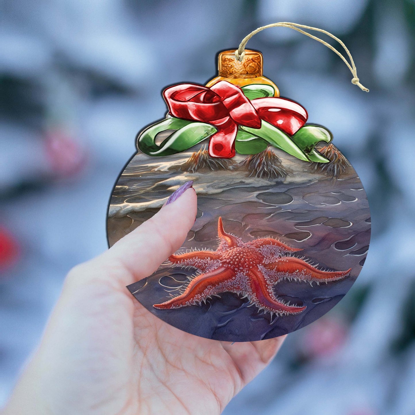 Red Sunflower Sea Star Wooden Ornaments by G.Debrekht - Wildlife Holiday Decor - 870019