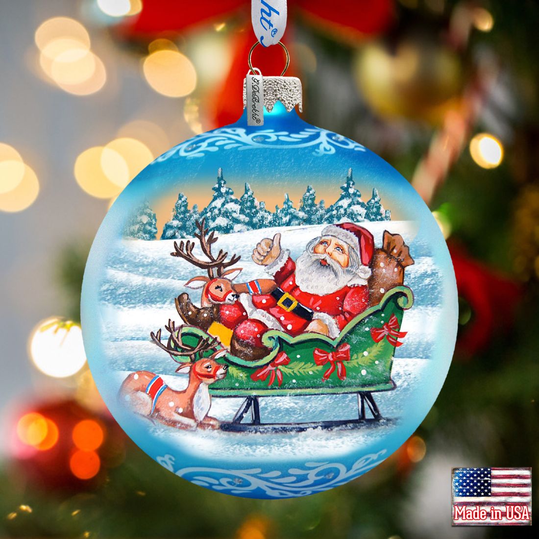 Reindeers Ride Santa Glass Ornament by G. DeBrekht - Christmas Santa Snowman Decor - 73363