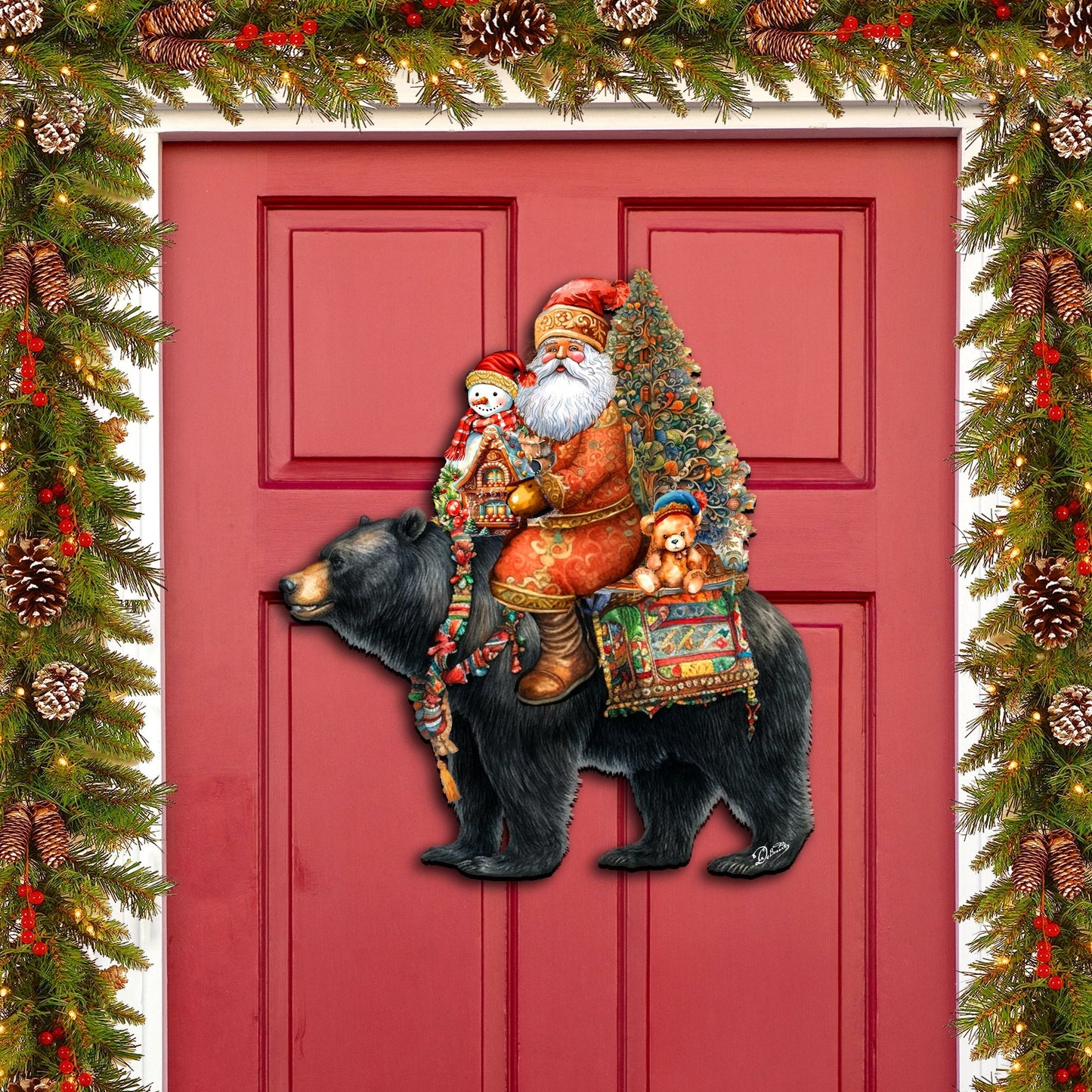 Santa Claus and Black Bear Friend Holiday Door Decor by G. Debrekht - Christmas Santa Snowman Decor - 8611064H