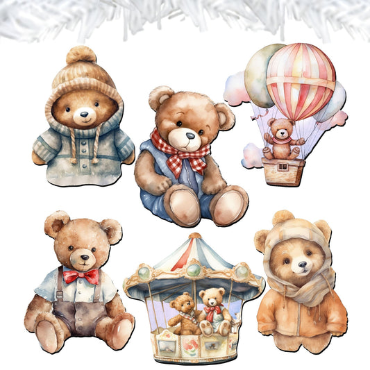 Teddy Bear Decorative Wooden Clip-on Ornaments Set of 6 by G. Debrekht - Christmas Decor - 8090025C-S6
