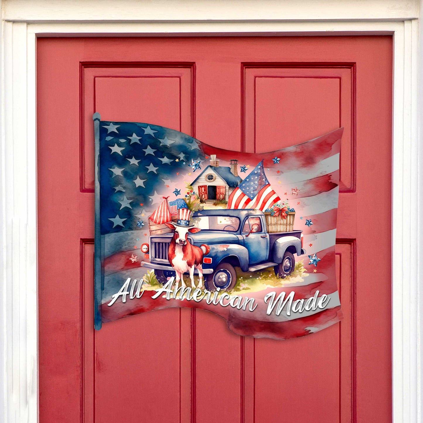 Front door welcome sign American Car flag United we stand All American Made Front porch Patriotic wreath Main entrance banner Red and White Welcome sign - Wooden front porch decor - 933109H