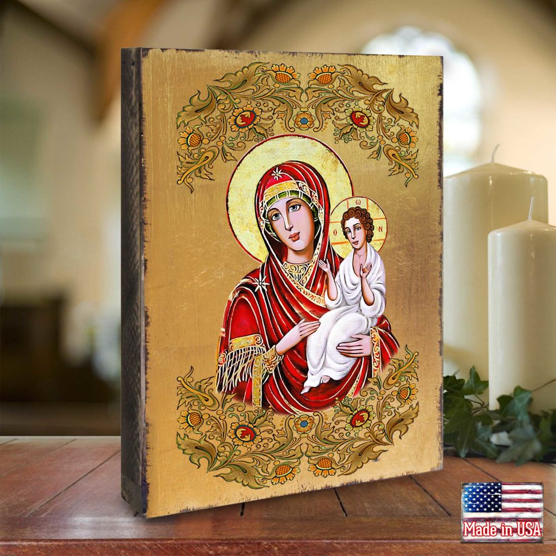 Virgin Mary Directress Wooden Gold Plated Religious Orthodox Sacred Icon - Inspirational Icon Decor - 85029
