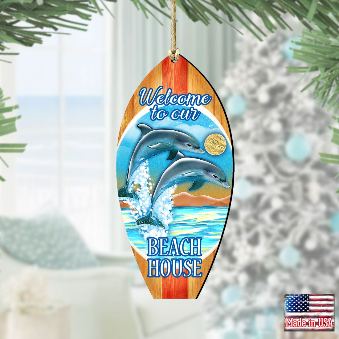 Dolphins Surfboard Wooden Ornaments by G. DeBrekht - Coastal Holiday Decor - 8114070