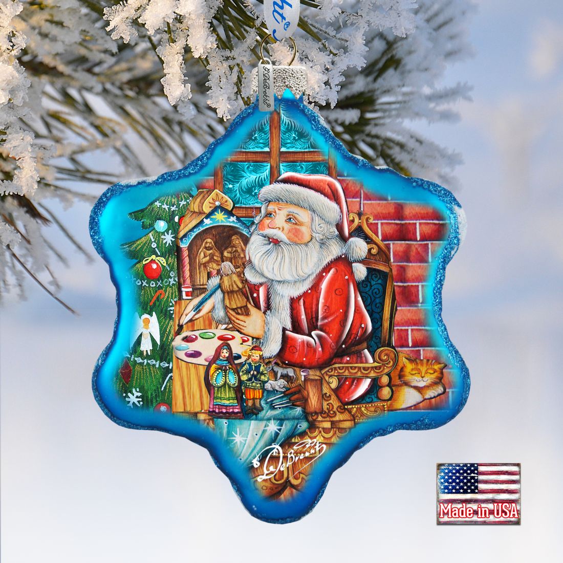 Nativity Workshop Snowflake Glass Ornament by G. DeBrekht - Christmas Santa Snowman Decor - 754-003