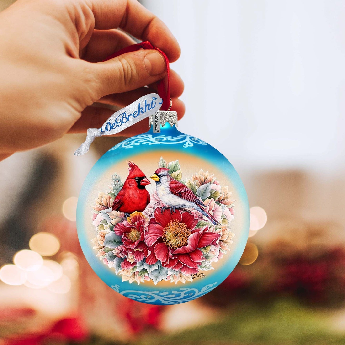 Romantic Cardinals Ball Glass Ornament by G. Debrekht - Christmas Decor - 73378