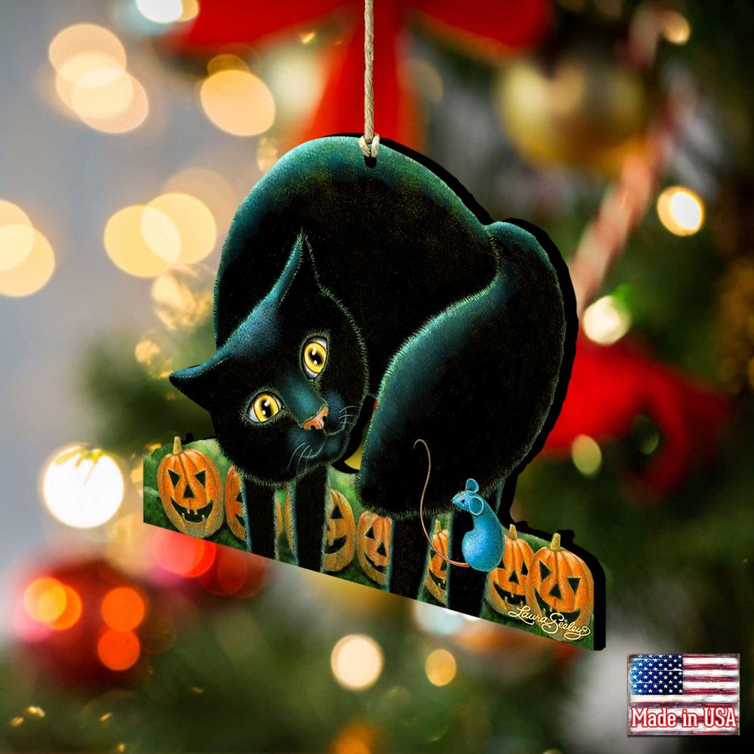 Spooky Cat Wooden Ornaments by Laura Seeley - Thanksgiving Halloween Decor - 8512056-LS