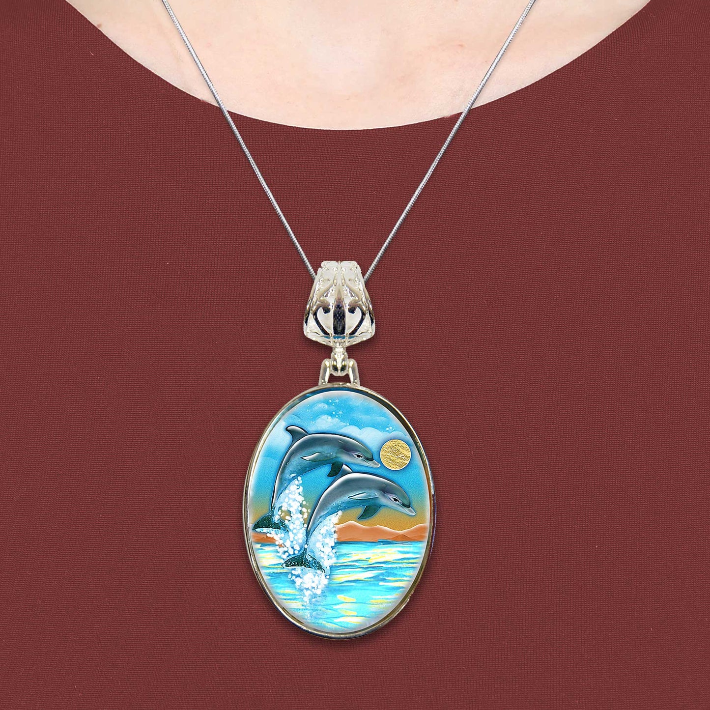 Flying Dolphins Silver Plated Jewelry Mother of Pearl Pendant Necklace - 44011