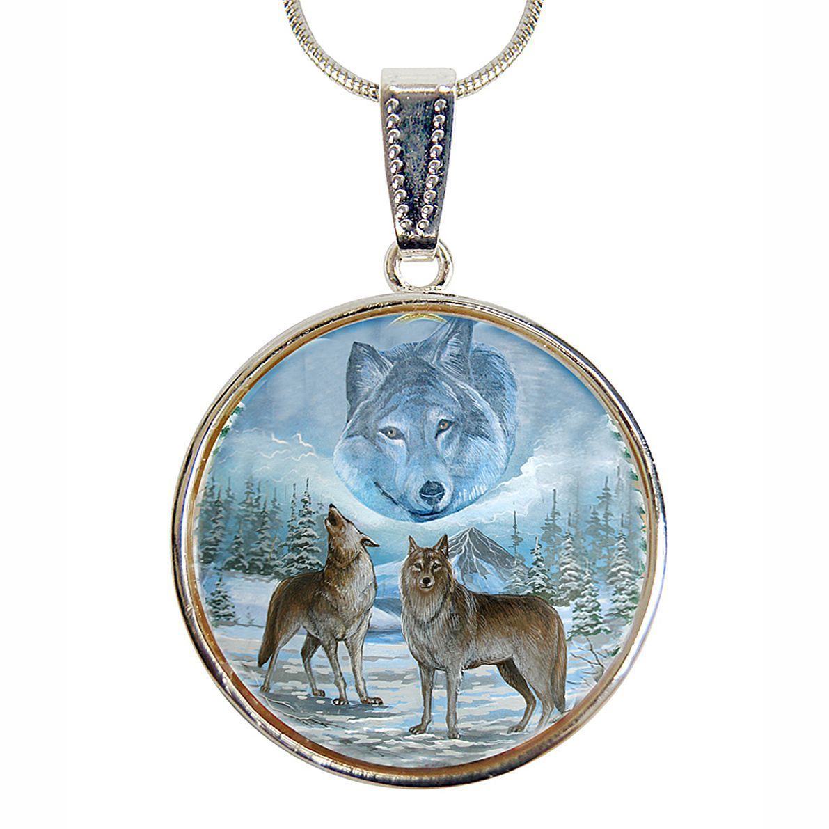 Sky Wolves Howling Silver Plated Mother of Pearl Jewelry Pendant Necklace - 44035