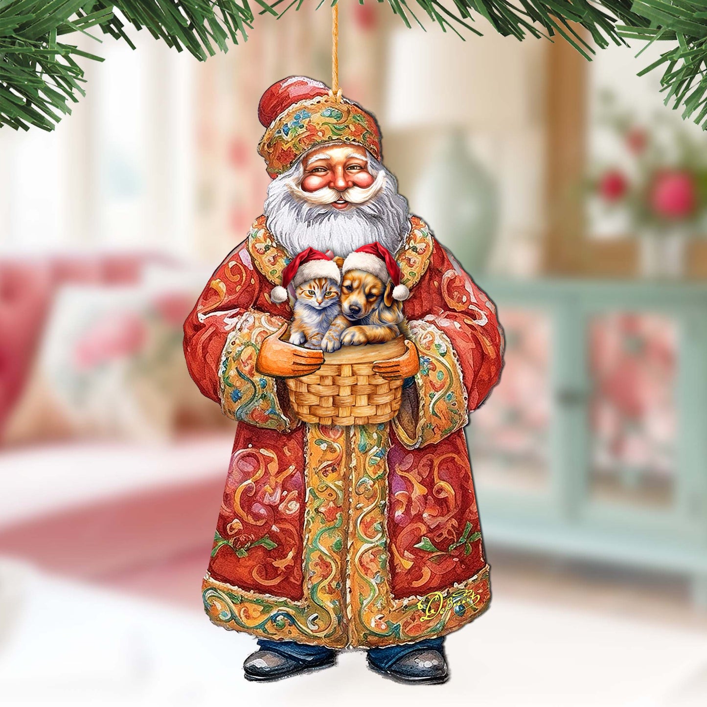 Yuletide Pets with Santa Wooden Ornaments by G. Debrekht - Christmas Santa Snowman Decor - 8691406