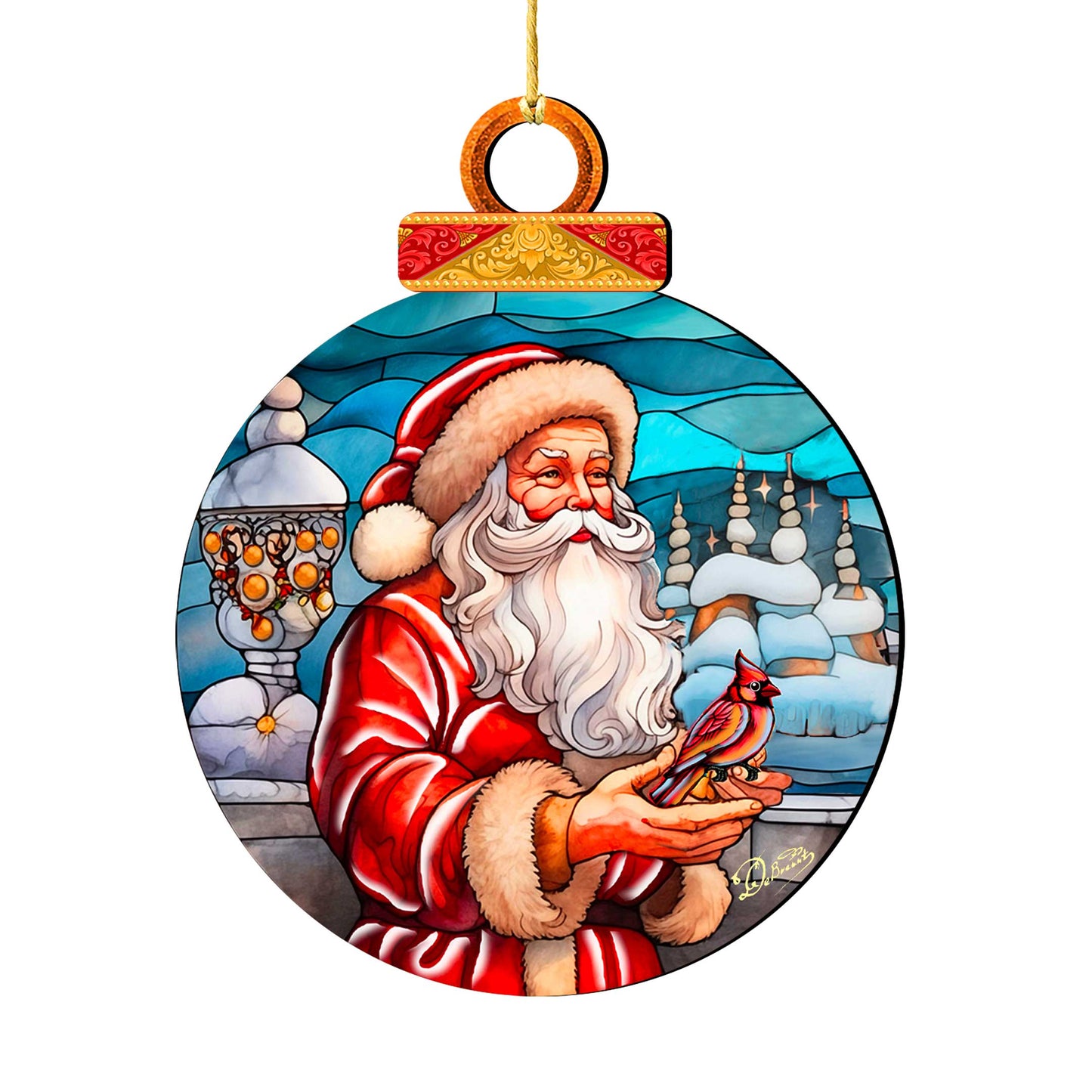 Santa with Red Cardinal Holiday Wooden Ornaments by G. Debrekht - Santa Snowman Decor - 8652807