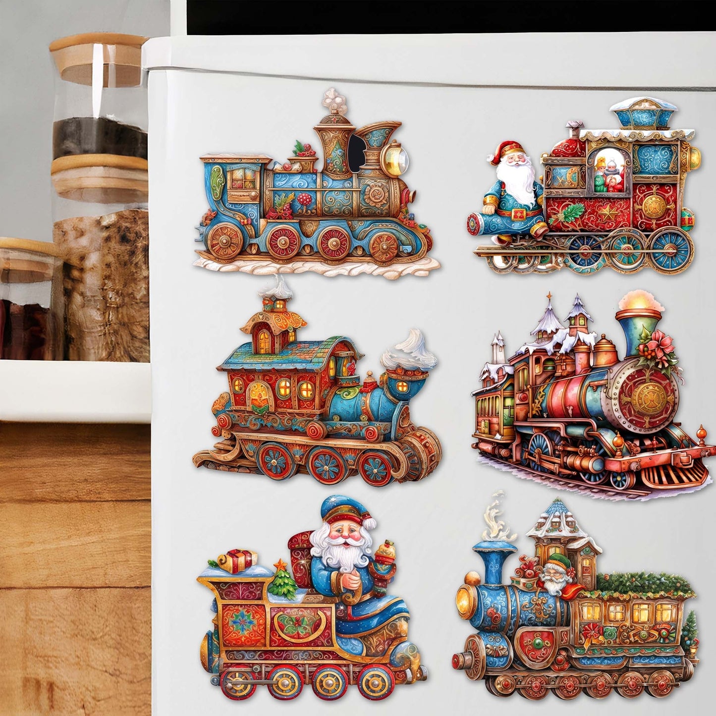 Santa Christmas Train Decorative Wooden Magnets Set of 6 by G. Debrekht - Christmas Decor - 8090123G-S6