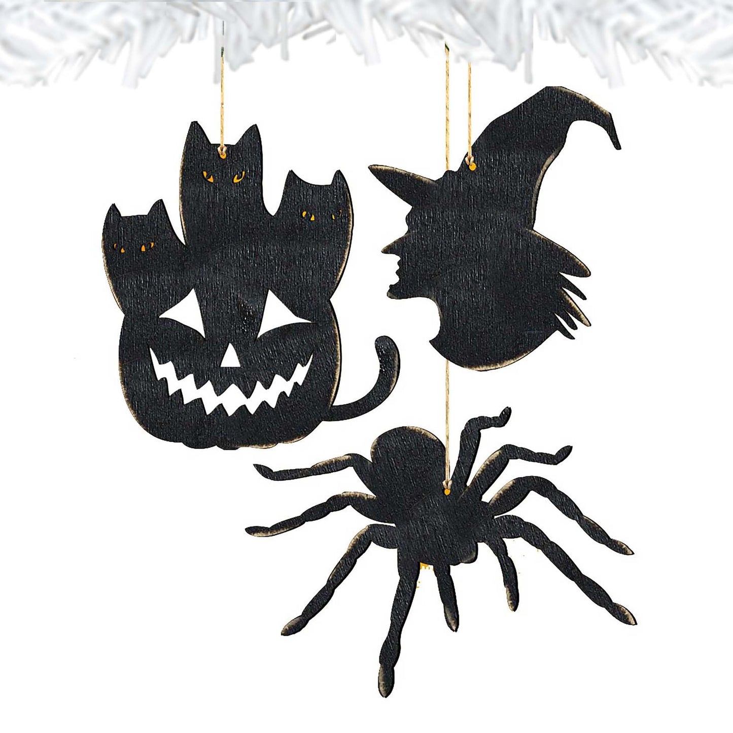 Halloween Wooden Ornaments-Pumpkin, Witch Hat, Spider-Set of 3 - Thanksgiving Halloween Decor - 8100186S3