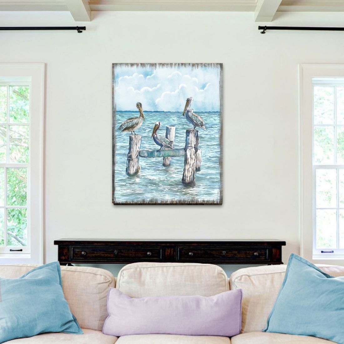 Waiting for a Catch Pelicans Wooden Coastal Wall Art by Nature Wonders - Coastal Sea-Life Decor - 95252-5B