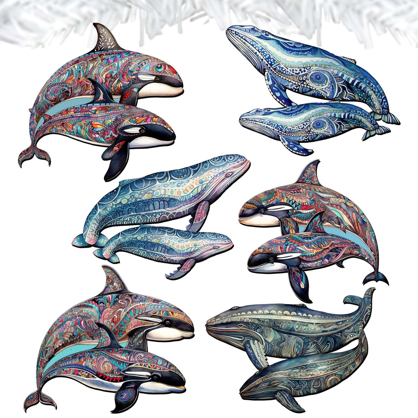 Embracing Whales Decorative Wooden Clip-on Ornaments Set of 6 by G. Debrekht - Wildlife Decor - 8090107C-S6