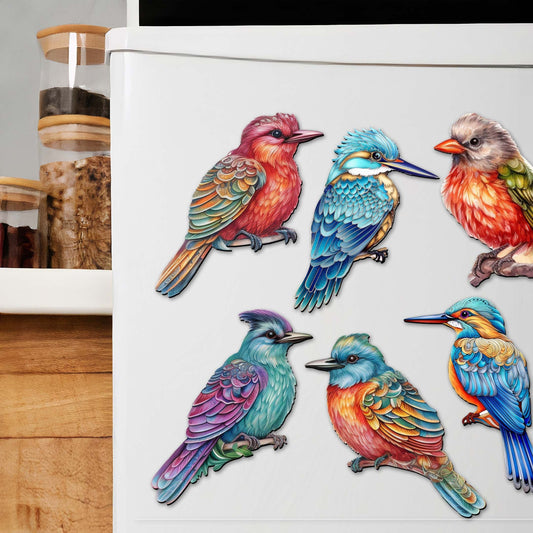 Colorful Birds Decorative Wooden Magnets Set of 6 by G. Debrekht - Wildlife Decor - 8090003G-S6