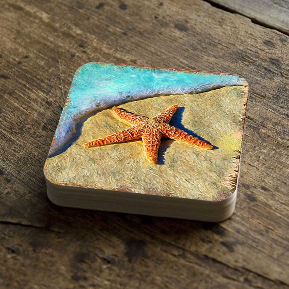 Starfish Coastal Wooden Cork Coasters Gift Set of 4 by Nature Wonders - Coastal Sea-Life Decor - 95253C-S4