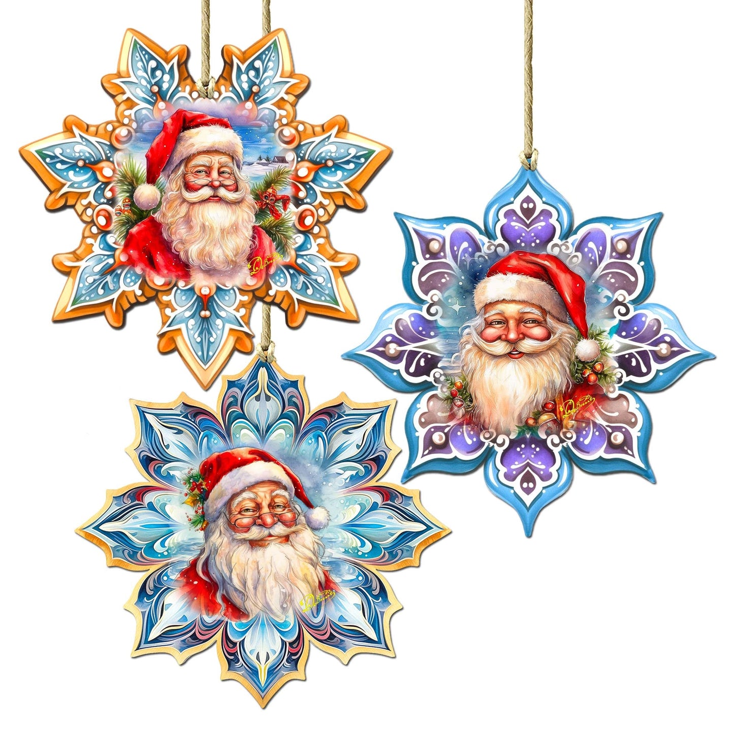 Santa's Smile Snowflake Wooden Ornaments Set of 3 by G. Debrekht - Christmas Decor - 8090148-S3