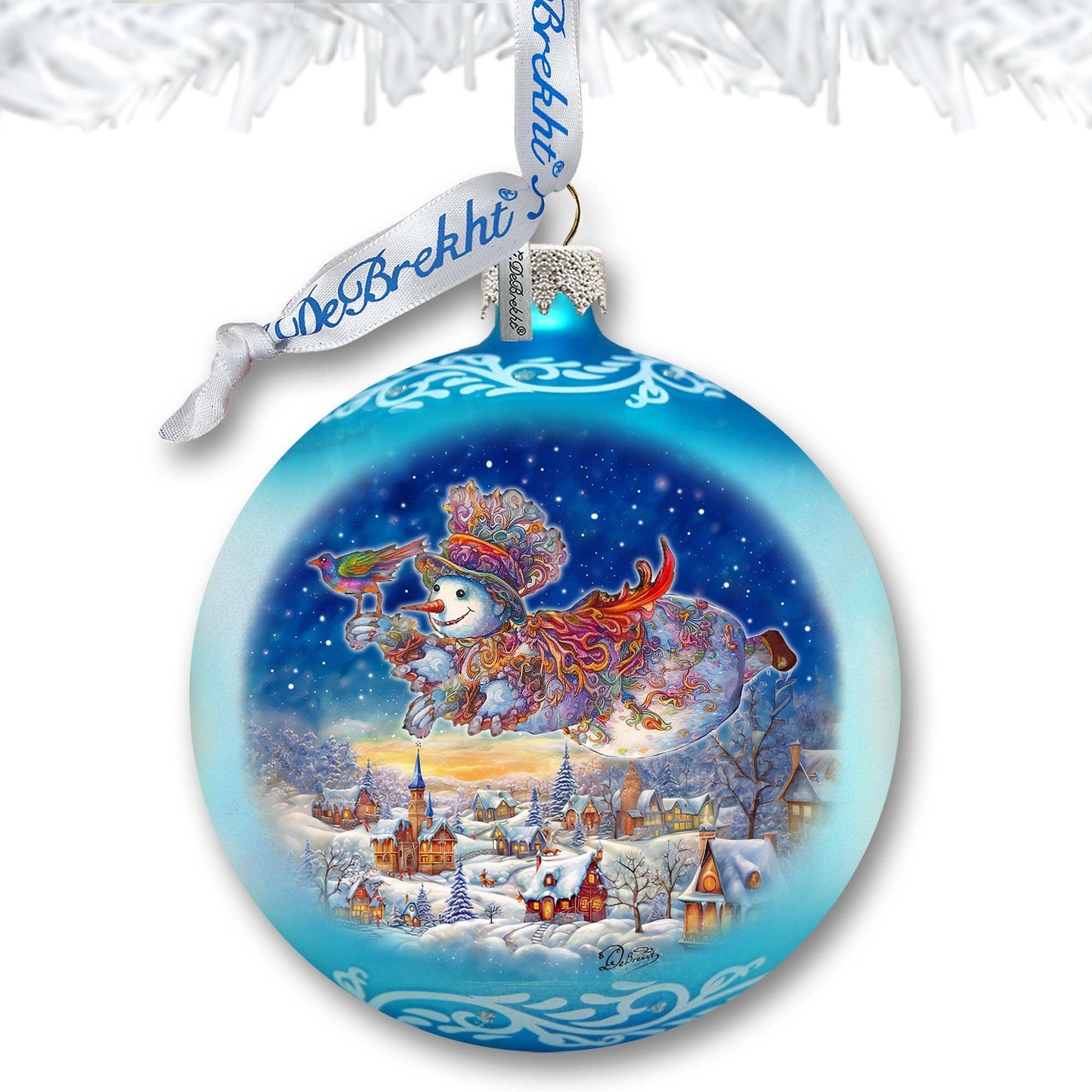 Winter Skies Adventure Ball Glass Ornament by G. Debrekht - Christmas Santa Snowman Decor - 73380