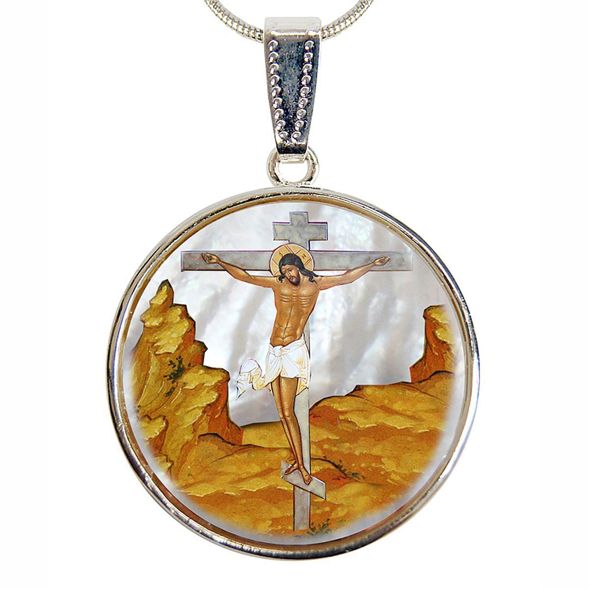 Crucifixion Silver Plated Mother of Pearl Jewelry Necklace - 43058