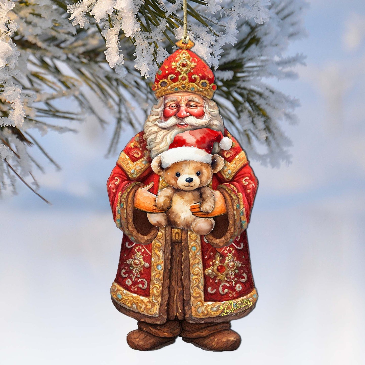 Santa's Teddy Bear Hug Wooden Ornaments by G. Debrekht - Christmas Santa Snowman Decor - 8691415
