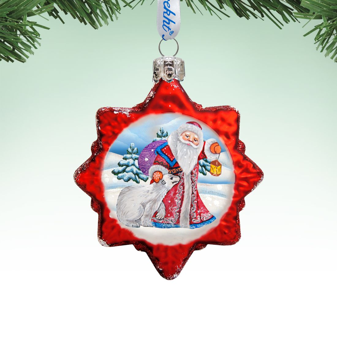 Santa With Polar Bear Mercury Glass Ornament by G. DeBrekht - Christmas Santa Snowman Decor - 773011