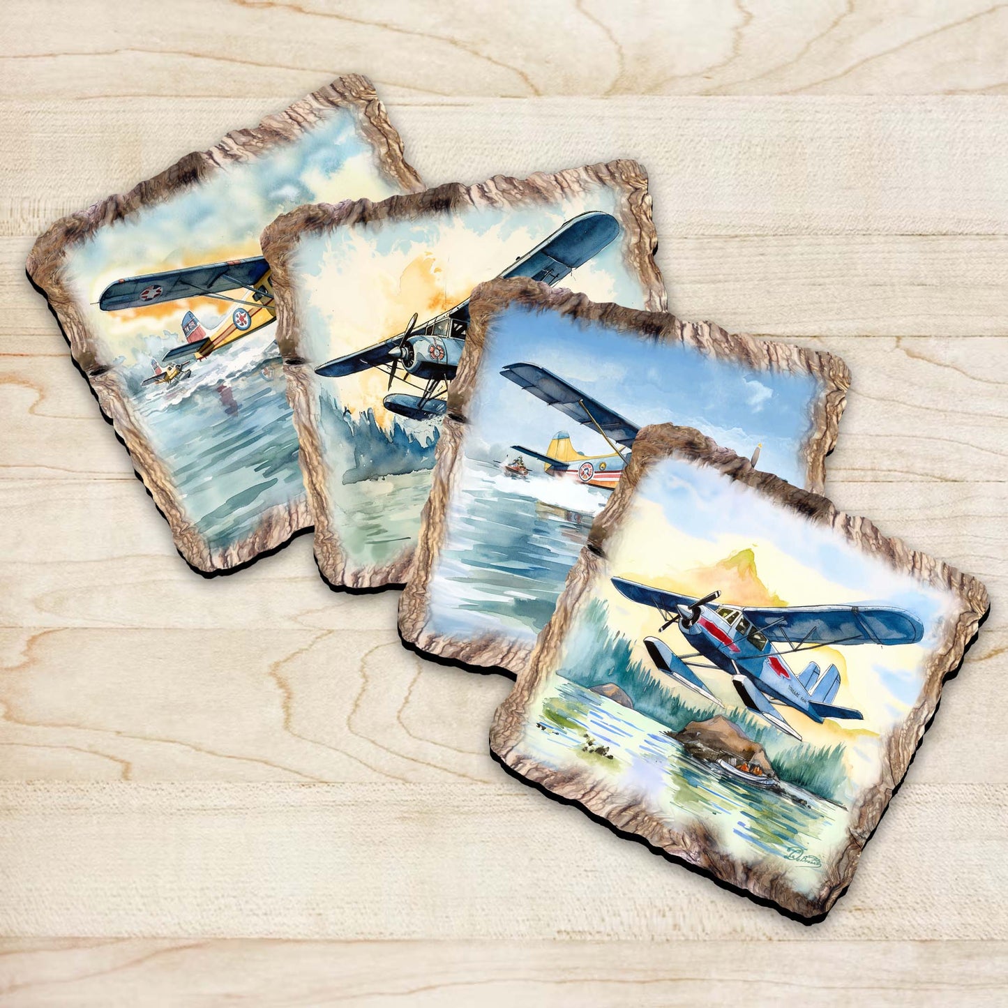 Airplanes Wooden Cork Coasters Gift Set of 4 by Nature Wonders Nature Wildlife Decor  - 95403C-S4